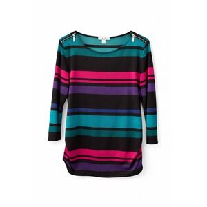 Chaus Striped Ruched Knit Boat Neck 3/4 Sleeve Blouse Black Teal Pink Size L